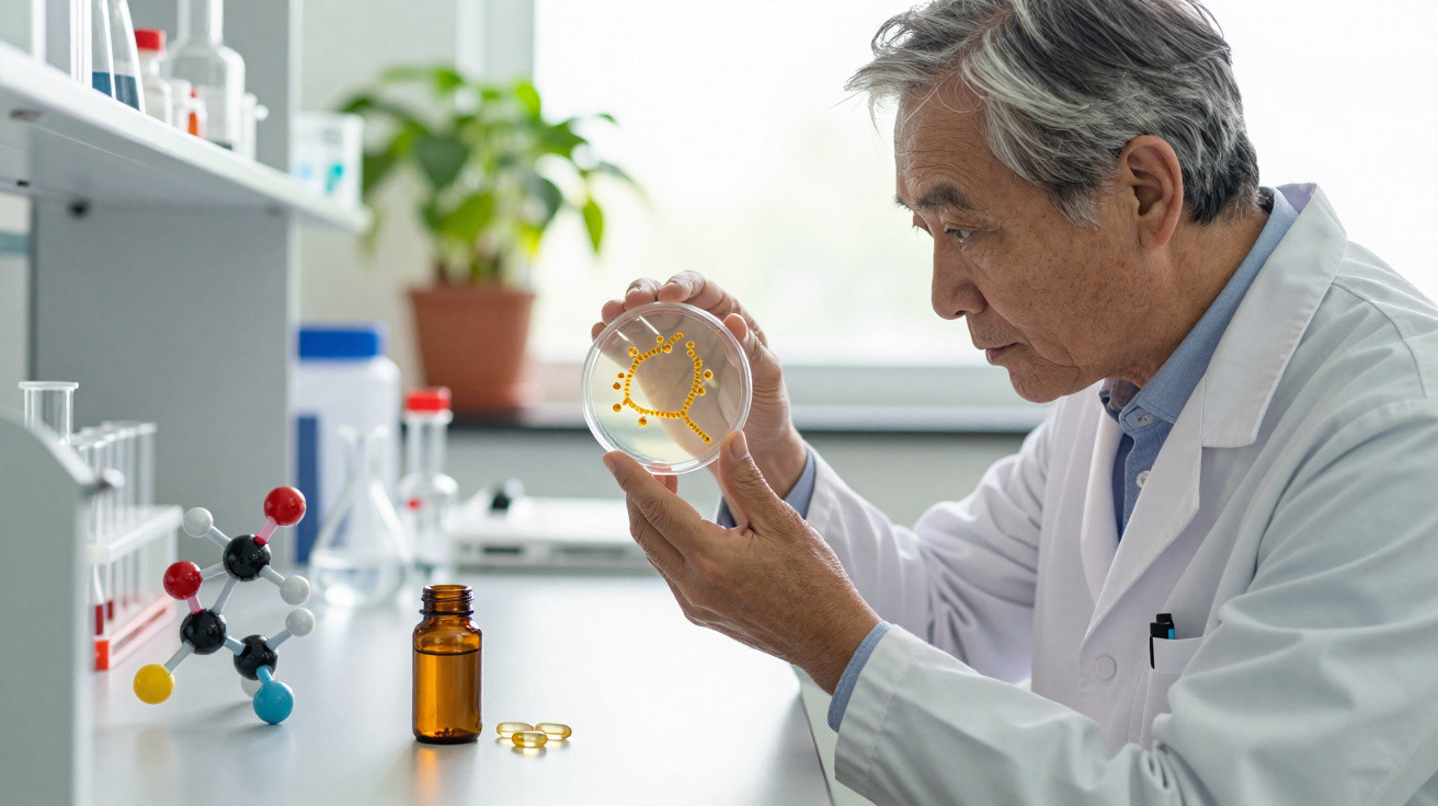 Cientista em laboratório a examinar uma placa de Petri com cultura microbiana laranja.