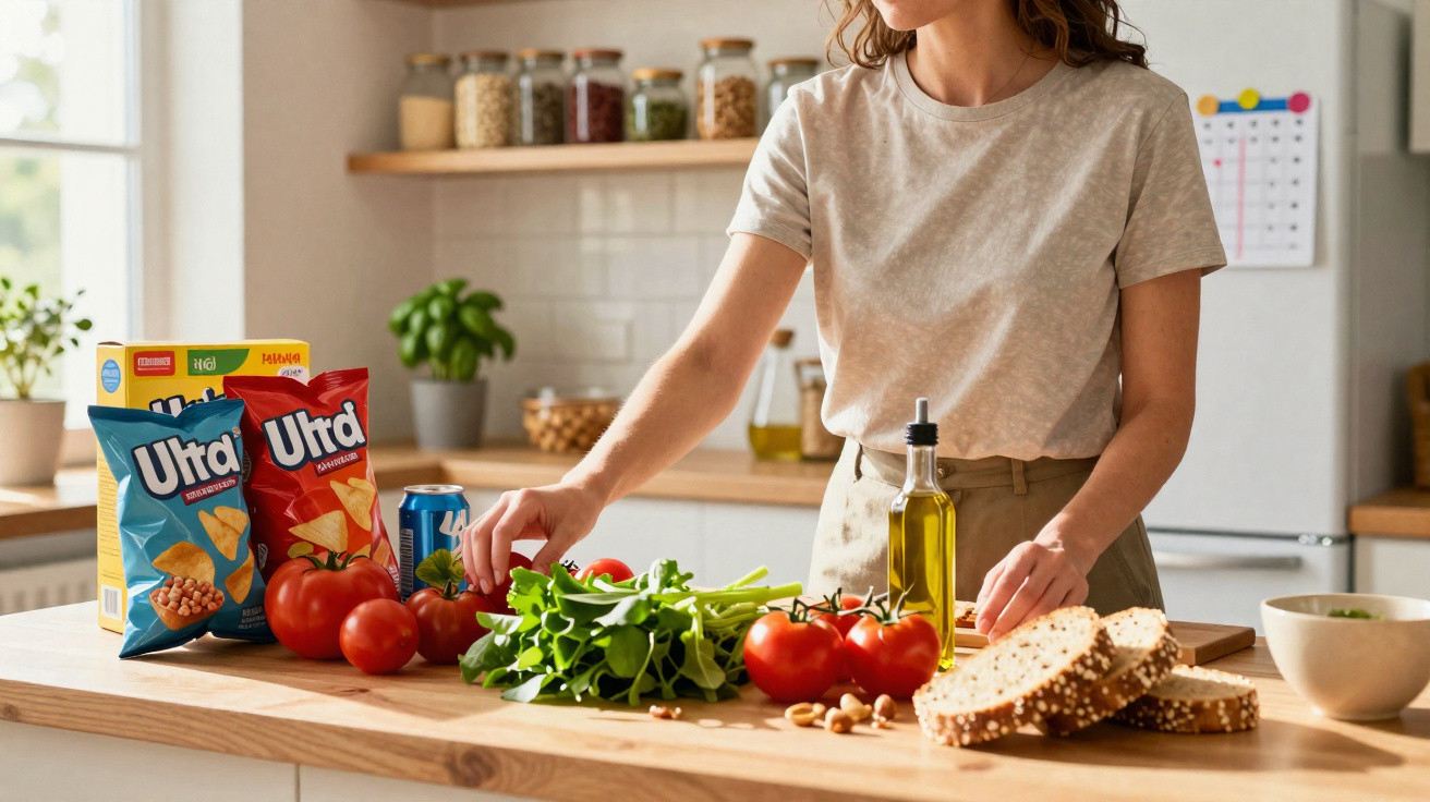 Mulher prepara salada com tomate, folhas verdes, azeite e pão na cozinha moderna.