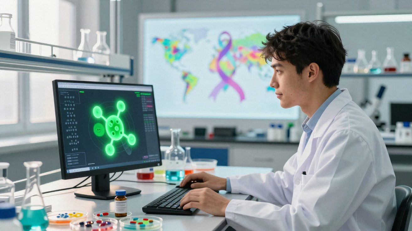 Cientista de laboratório com bata branca analisa imagem molecular num computador num laboratório moderno.