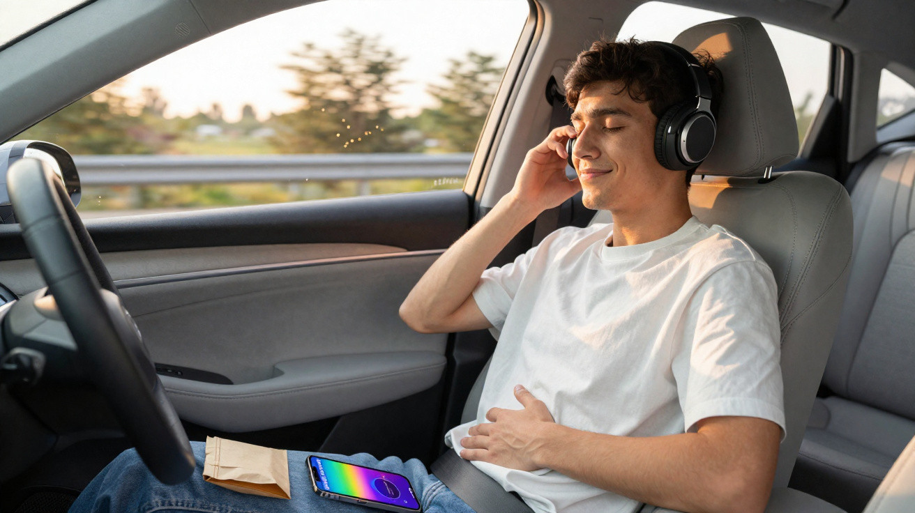 Homem relaxado com fones de ouvido a ouvir música dentro de carro estacionado ao pôr do sol.