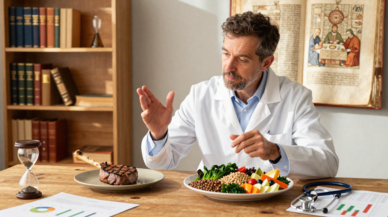 Nutricionista a comparar um prato de carne grelhada com um prato de legumes e leguminosas.