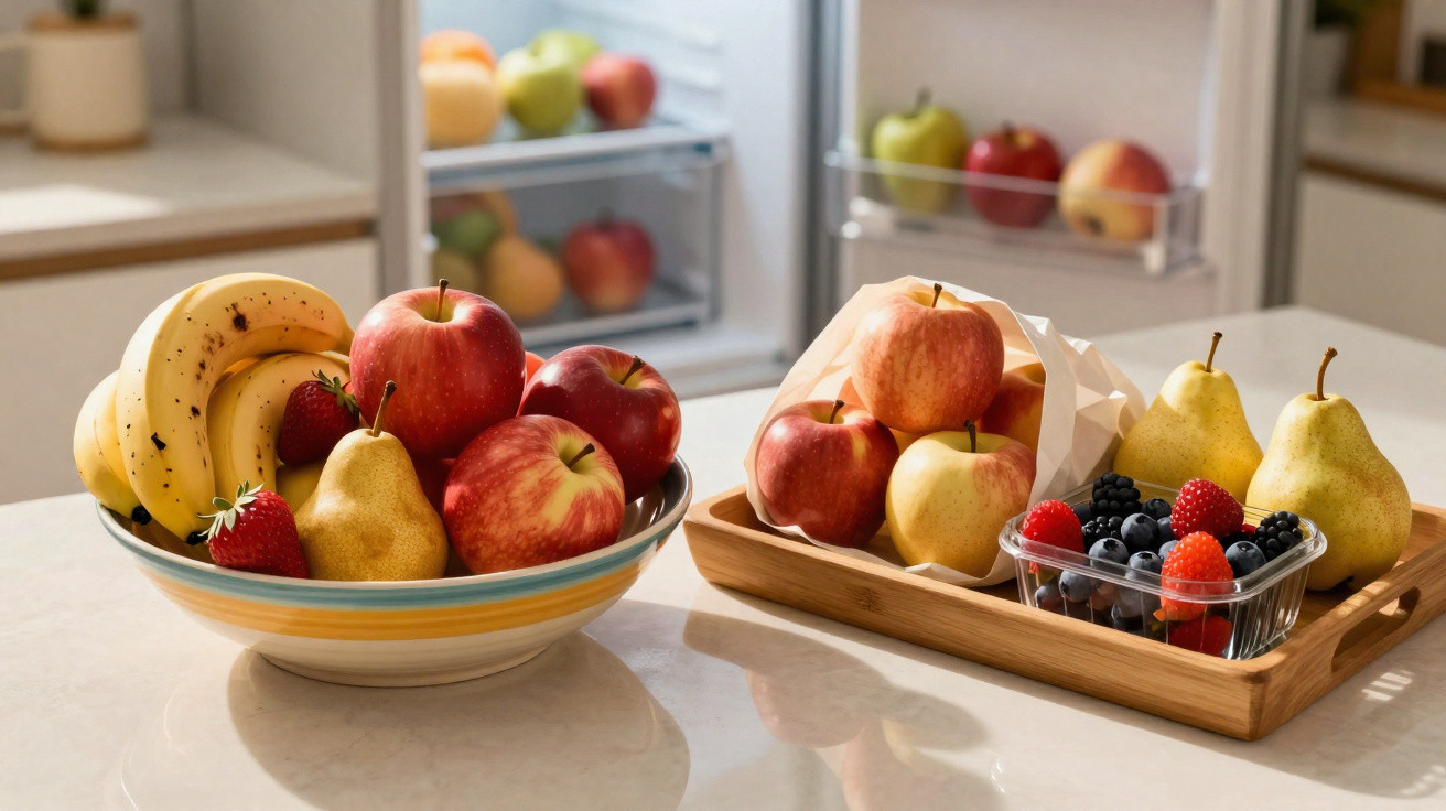 Fruta fresca numa cozinha, com bananas, maçãs, pêras, morangos e frutos vermelhos sobre balcão claro.