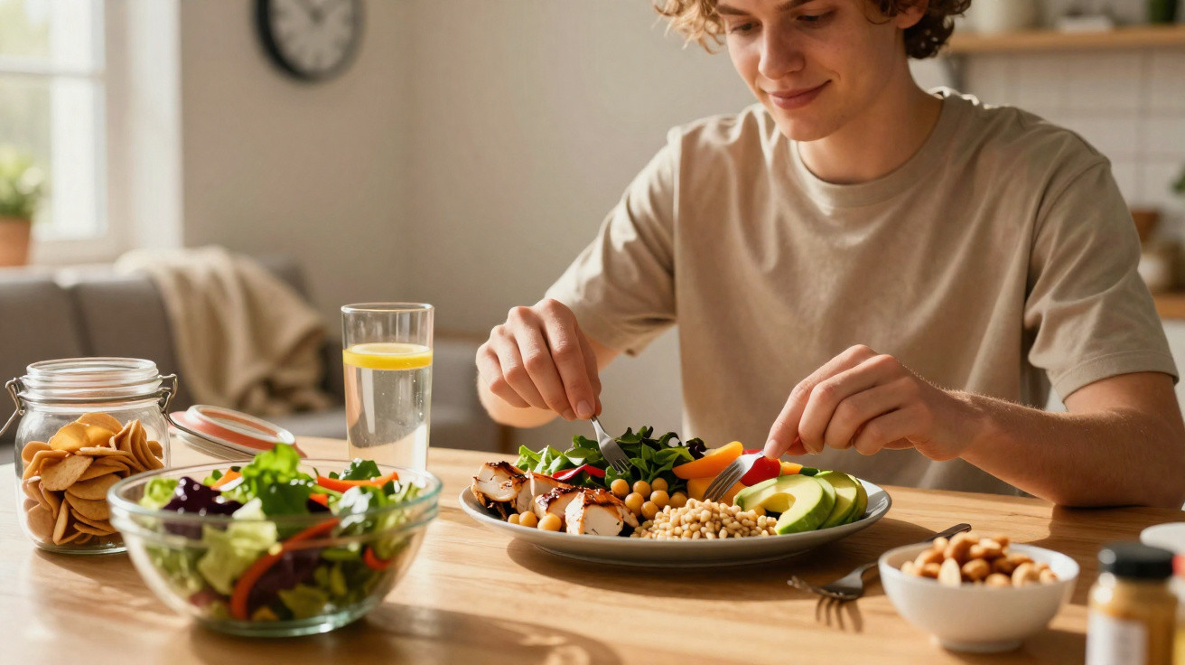 Jovem sentado a comer uma refeição saudável com legumes, grão-de-bico e legumes frescos numa cozinha luminosa.