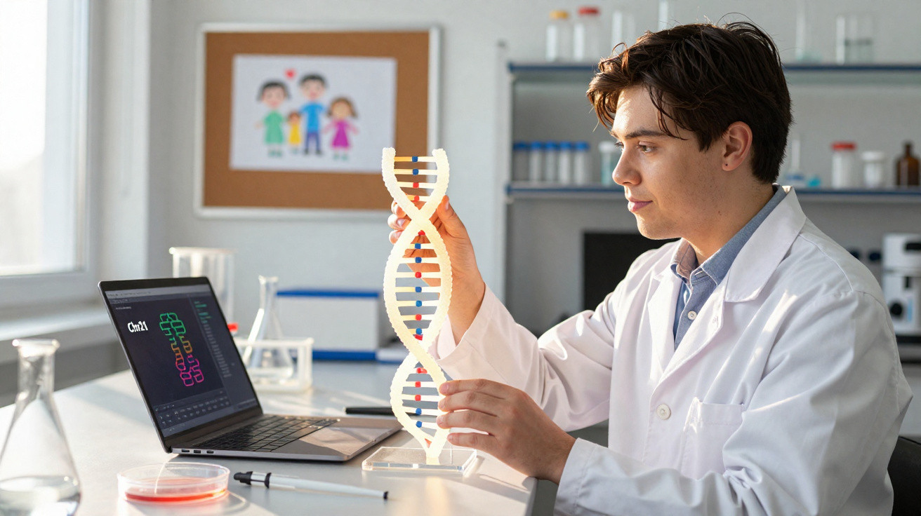 Cientista jovem com bata branca a analisar modelo 3D de DNA num laboratório moderno.