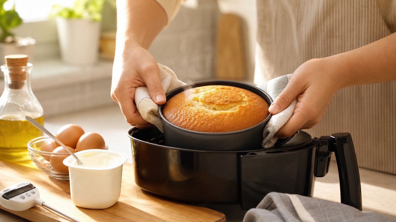 Pessoa a retirar bolo dourado acabado de cozinhar em fritadeira air fryer na cozinha iluminada.