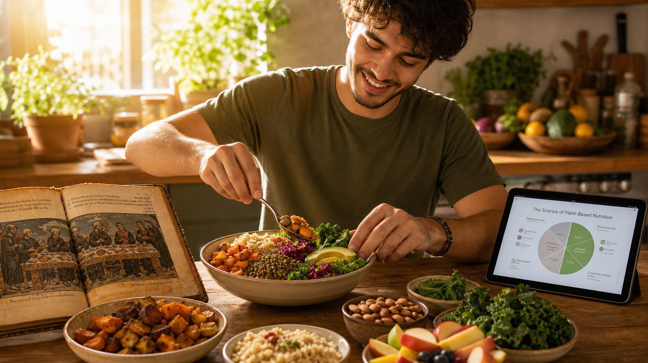 Homem sorridente prepara refeição saudável à base de plantas com legumes, frutas e tablet com gráfico nutricional.