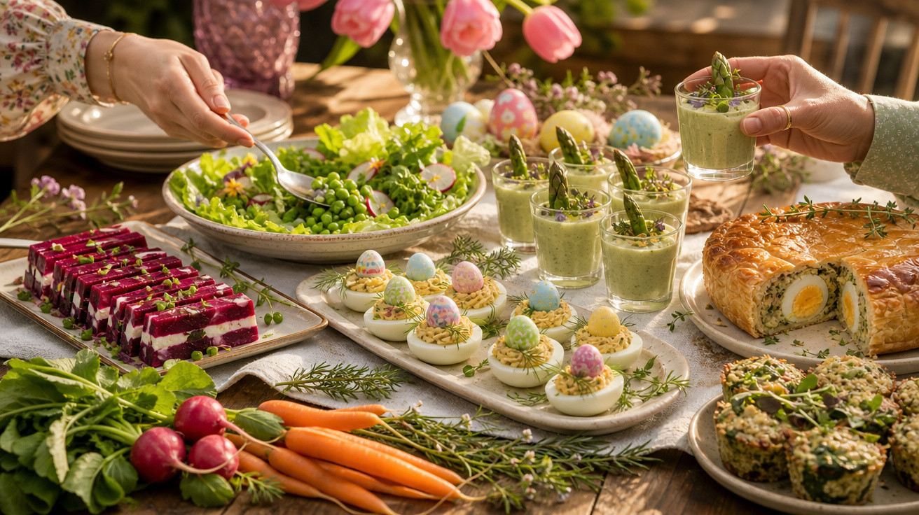 Mesa rústica com variedade de pratos frescos, incluindo saladas, ovos decorados, vegetais e sobremesas coloridas.