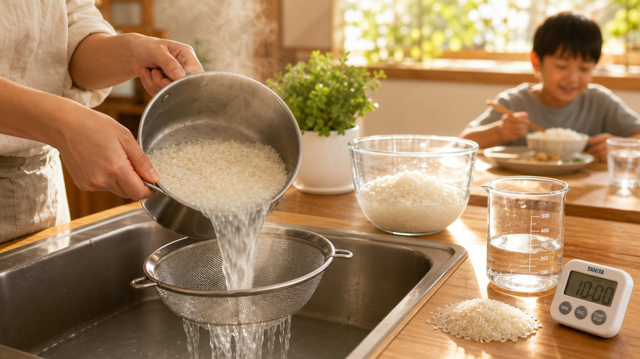 Pessoa a lavar arroz num passador na cozinha, com criança a comer ao fundo e utensílios na bancada.