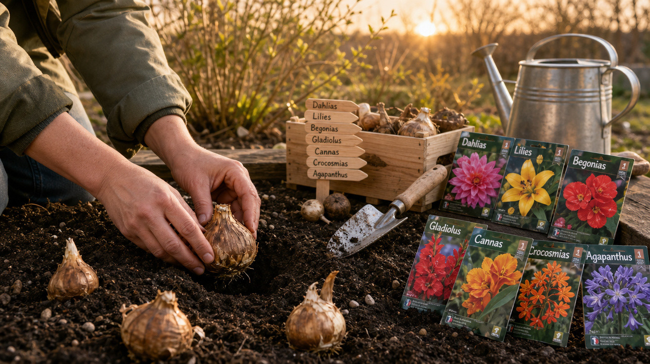 Mãos a plantar bolbos de flores no solo com pacotes de sementes e regador ao fundo ao pôr do sol.