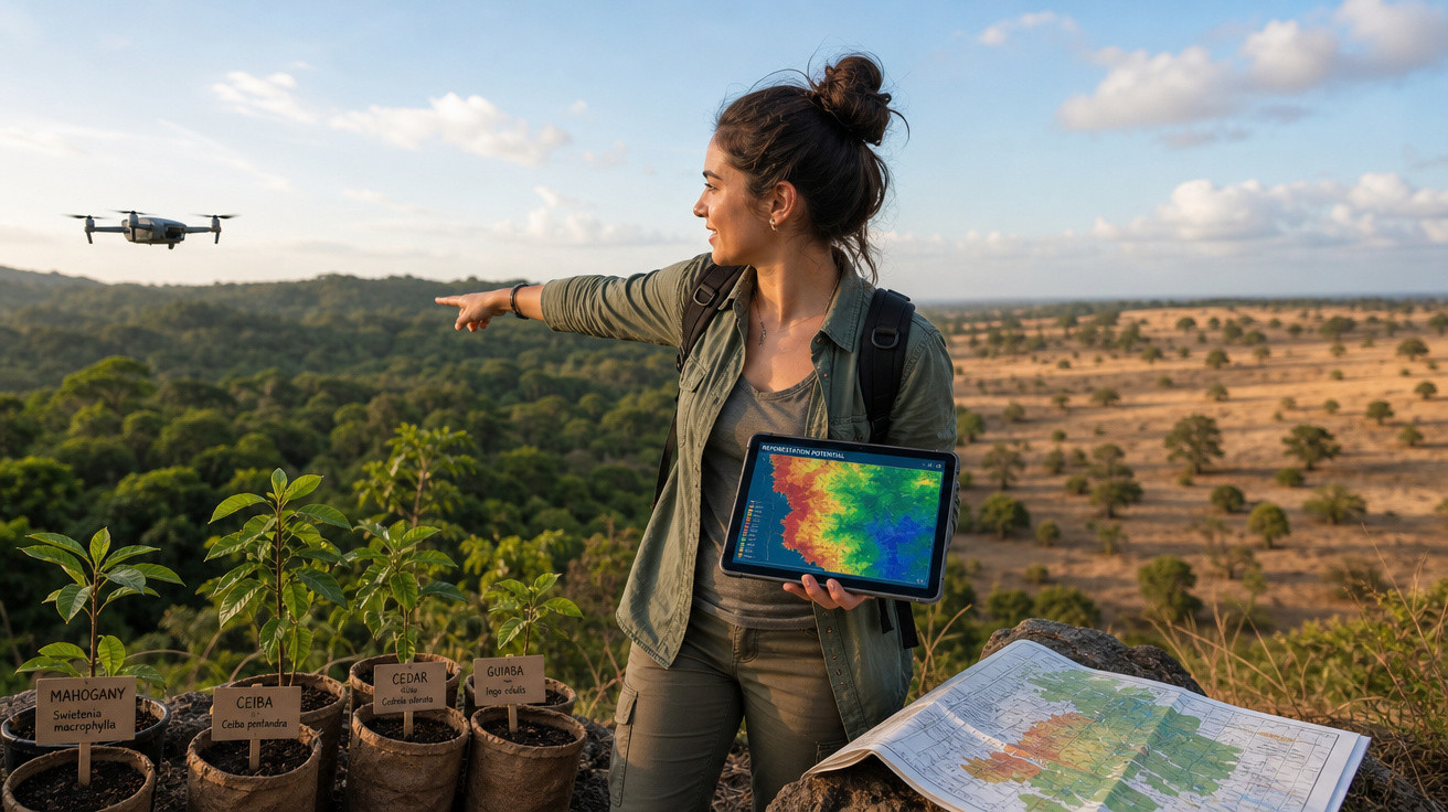Mulher a operar drone para monitorizar floresta, segurando tablet com mapa térmico, plantas identificadas e mapa aberto.