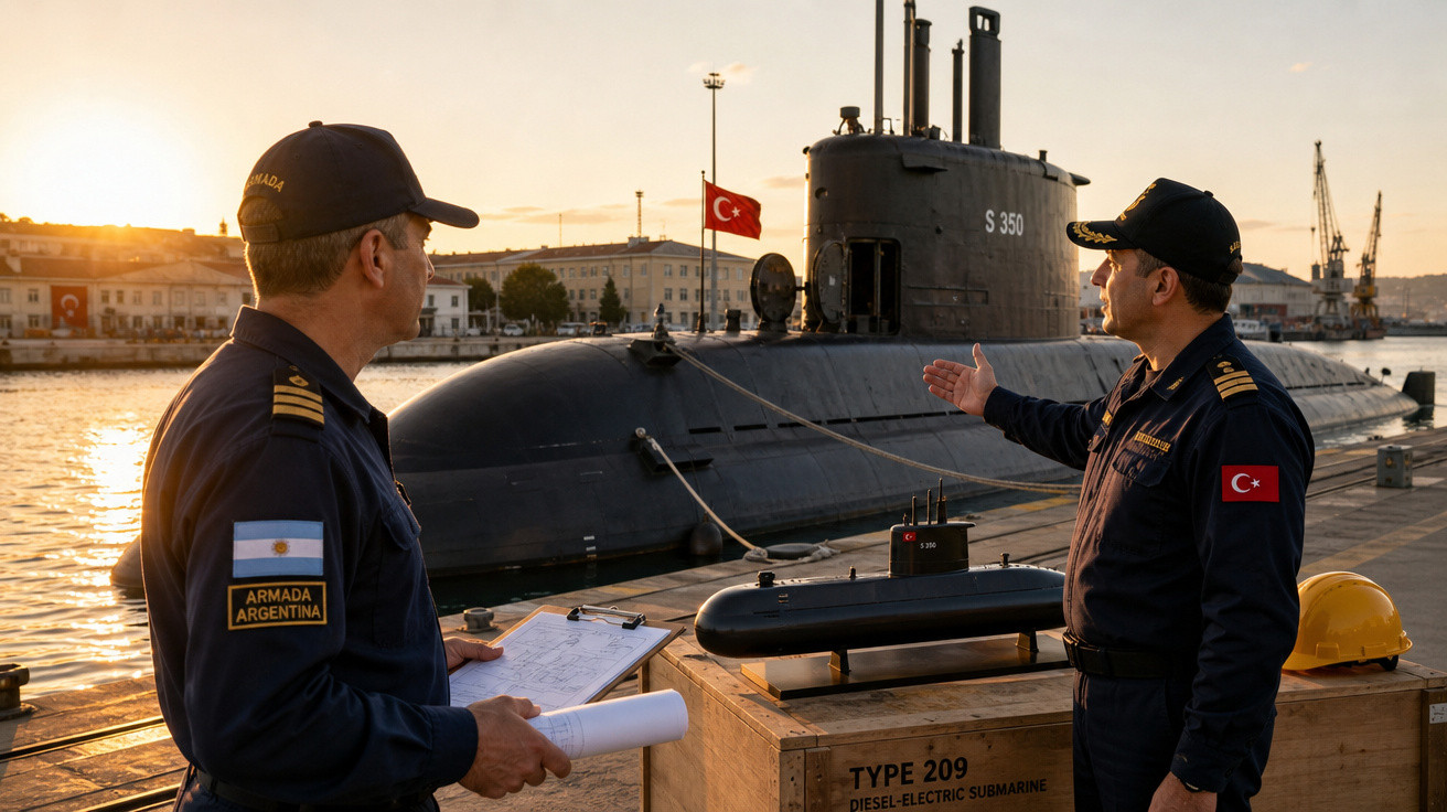 Dois militares, um da Armada Argentina e outro da Turquia, junto a submarino e maquete no porto ao pôr do sol.