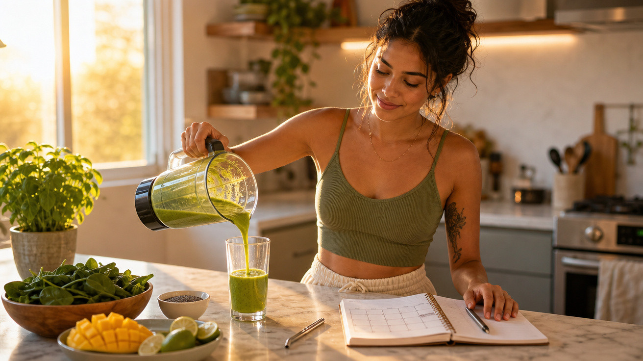 Mulher jovem a verter batido verde numa cozinha moderna, com frutas, vegetais e caderno na bancada.
