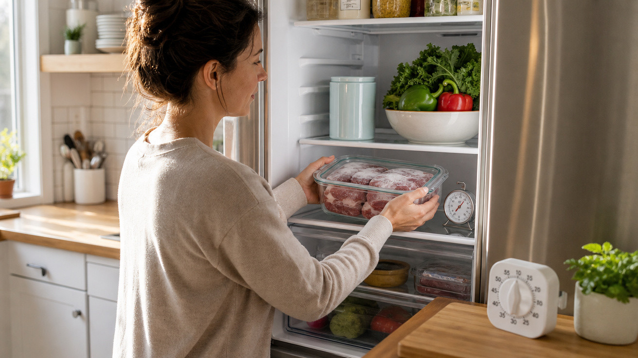 Mulher a guardar recipiente com carne no frigorífico numa cozinha luminoso e bem organizada.