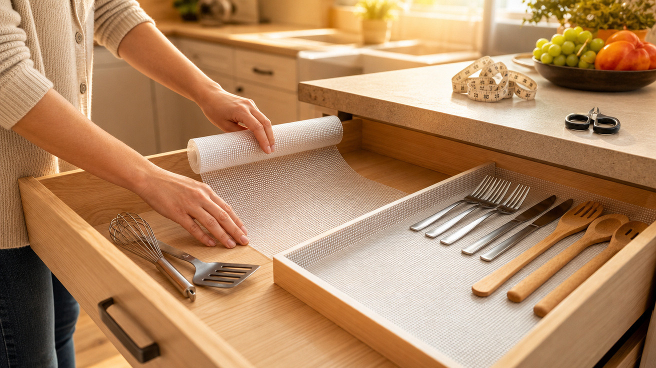 Pessoa a forrar uma gaveta de cozinha com papel antiderrapante para talheres.
