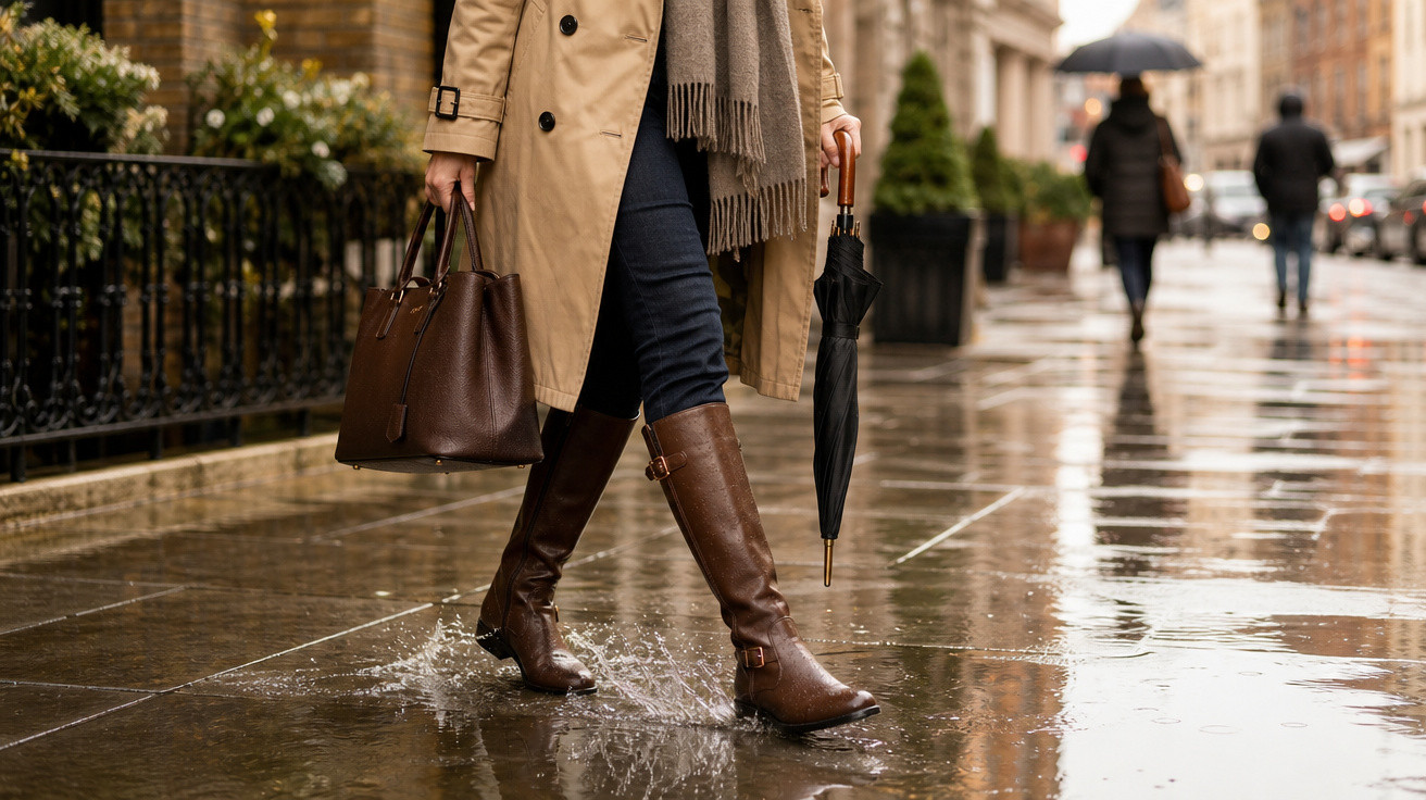 Pessoa com casaco bege, botas castanhas e mala a andar numa rua molhada, segurando um guarda-chuva fechado.