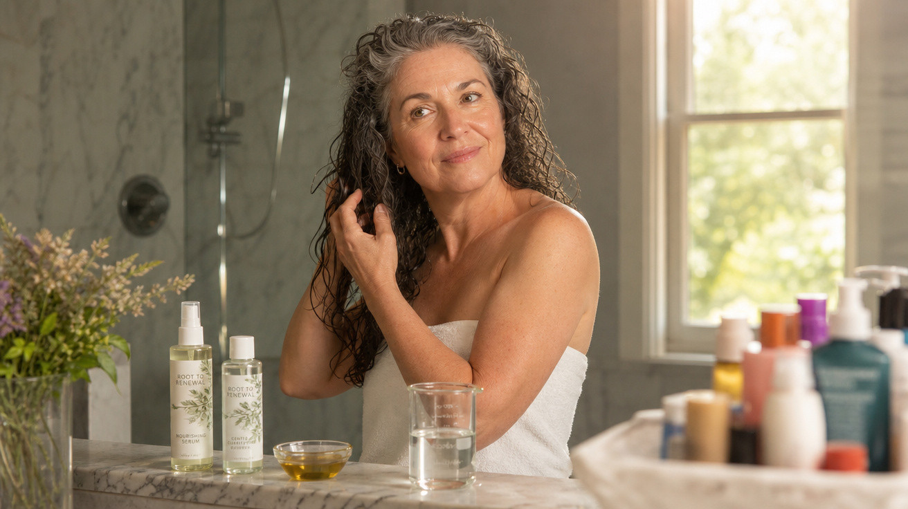Mulher com toalha branca a cuidar do cabelo num ambiente de casa de banho luminoso e moderno.