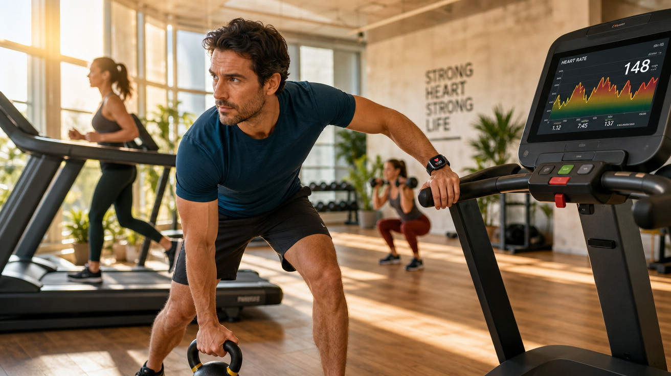 Homem a fazer exercício com kettlebell numa academia com duas pessoas a treinar ao fundo.
