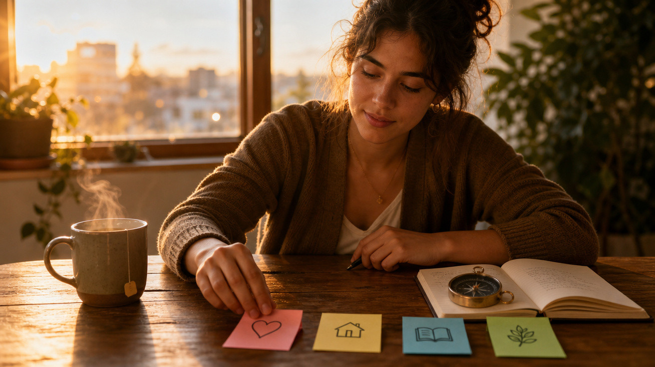 Mulher a organizar notas coloridas com desenhos, chá quente e livro aberto numa mesa em ambiente acolhedor.
