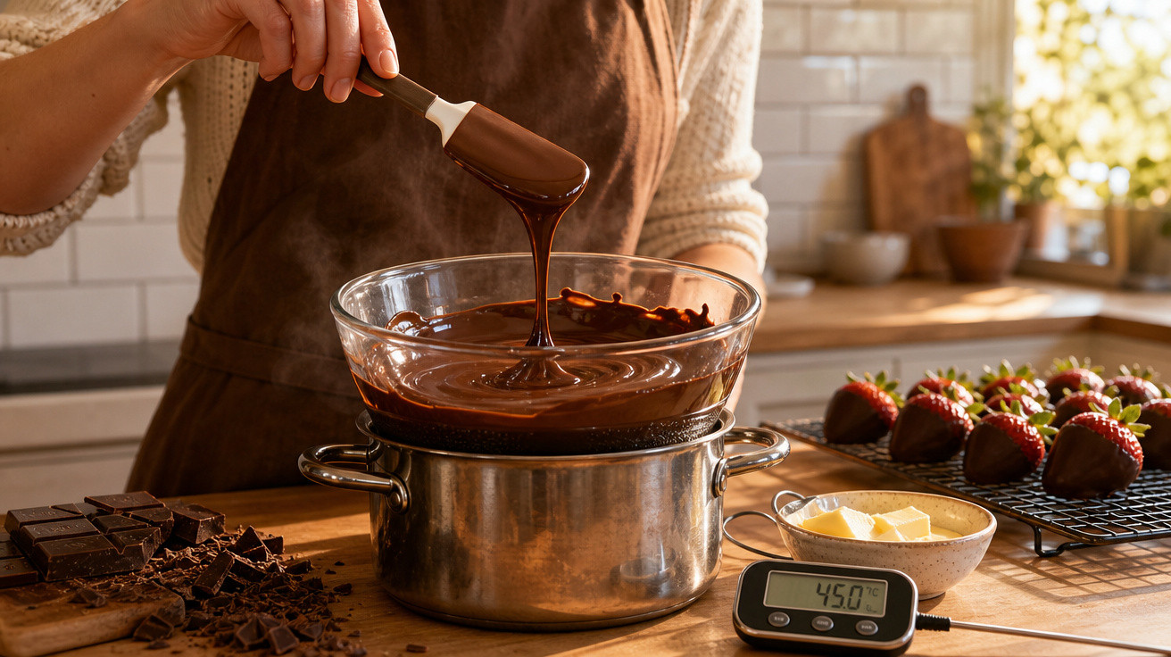 Pessoa a derreter chocolate em banho-maria numa cozinha, com morangos cobertos de chocolate ao fundo.
