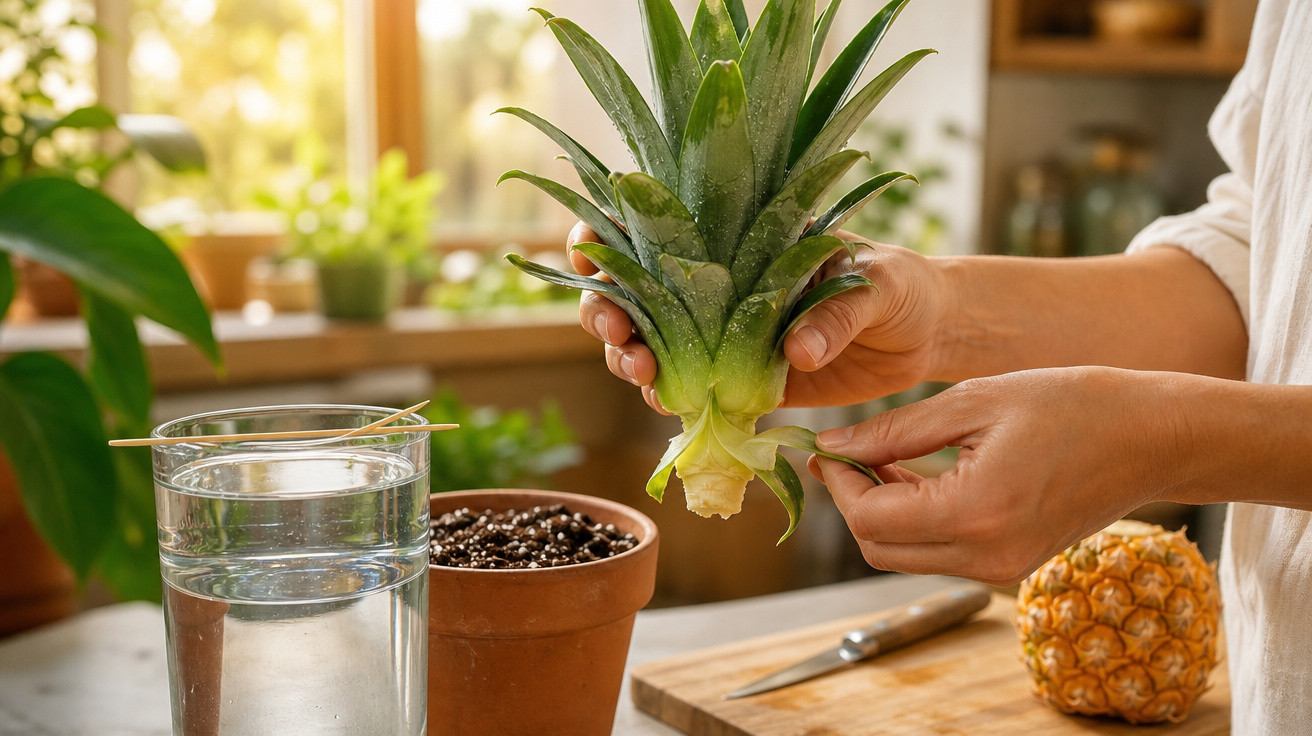 Mãos a preparar coroa de ananás para plantação em vaso com terra, perto de copo de água.