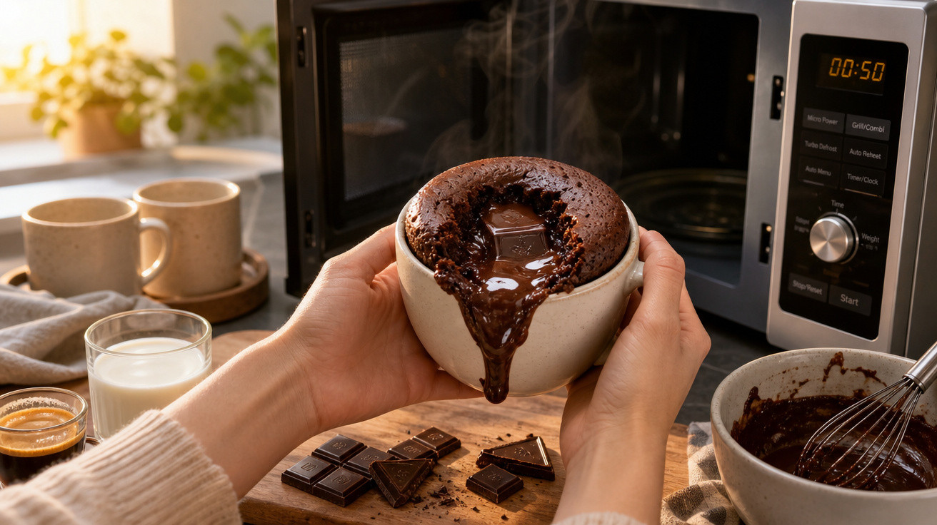 Mãos seguram tigela com bolo de chocolate quente derretido saindo, perto de micro-ondas e ingredientes de cozinha.