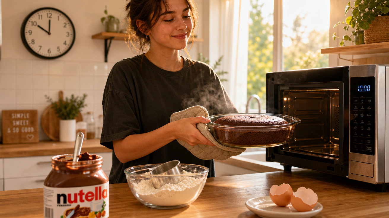 Mulher retira bolo de chocolate quente do forno numa cozinha com ingredientes e pote de Nutella à frente.