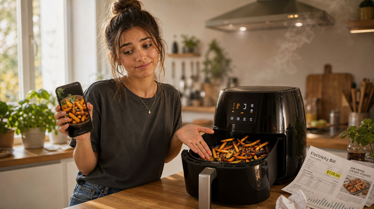 Mulher confusa mostra batatas fritas queimadas em airfryer na cozinha com conta de eletricidade na mesa.