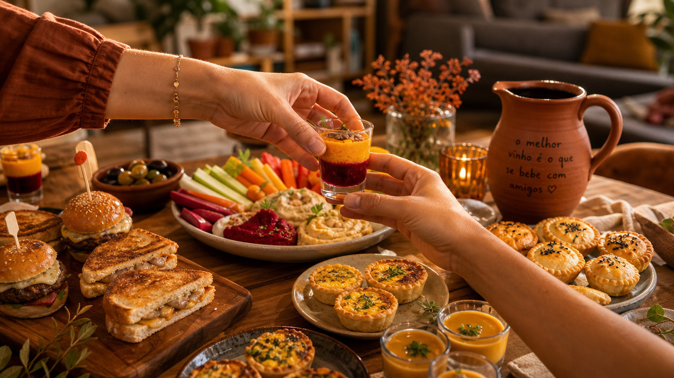 Duas pessoas brindam com copos pequenos numa mesa com diversos petiscos, sanduíches e tarteletes variadas.