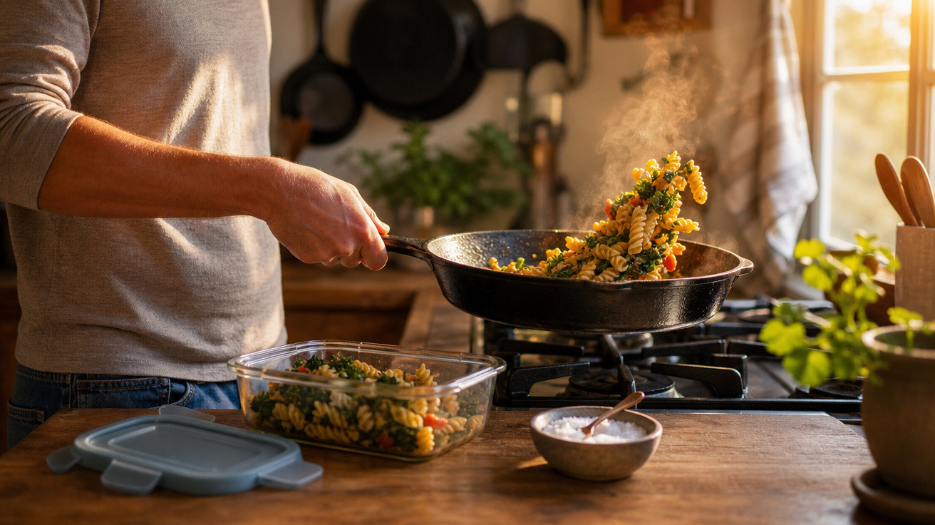 Pessoa a cozinhar massa com legumes numa frigideira numa cozinha iluminada pelo sol.