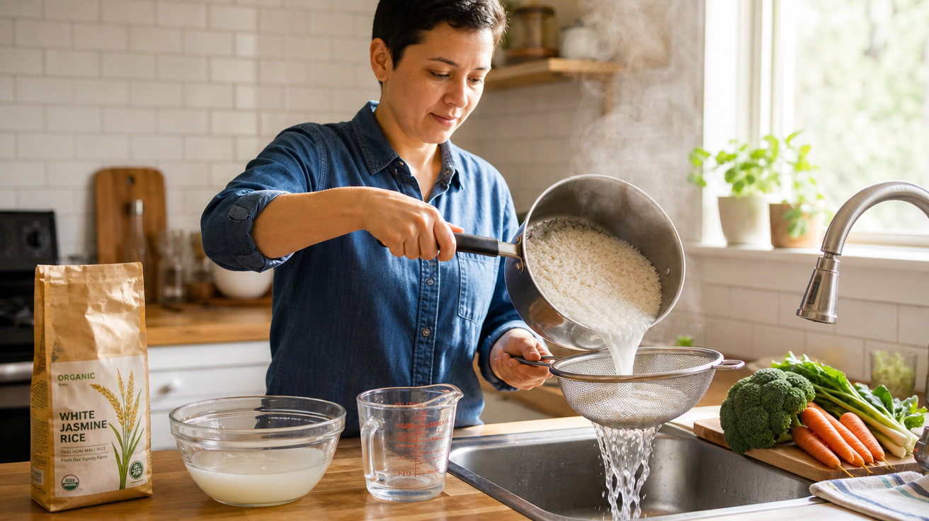 Pessoa a coar arroz cozido numa cozinha com legumes e ingredientes à volta.
