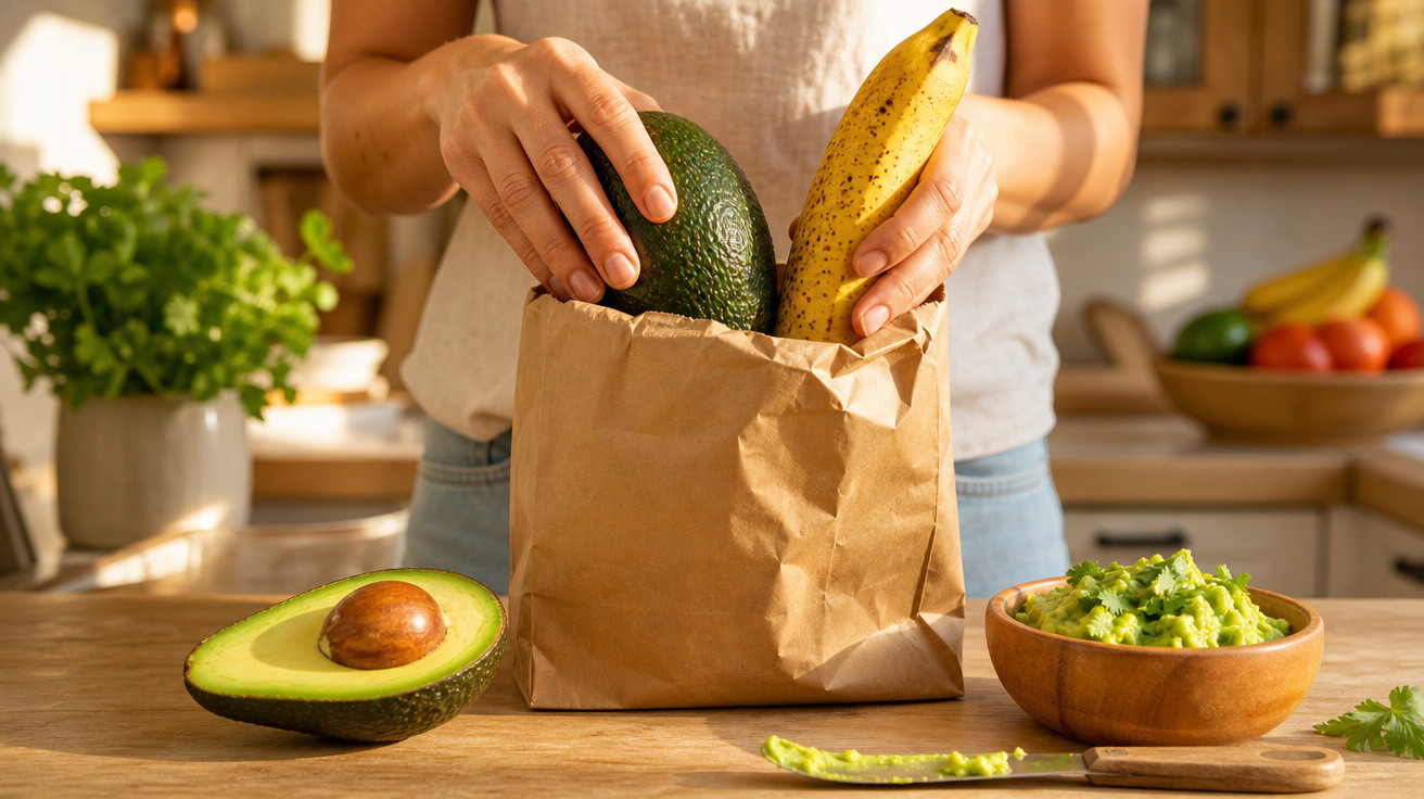 Pessoa a colocar abacate e banana num saco de papel numa cozinha iluminada, com guacamole à frente.