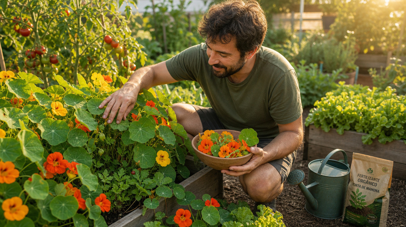 Homem a colher flores laranjas numa horta solarenga com regador e fertilizante orgânico ao lado.