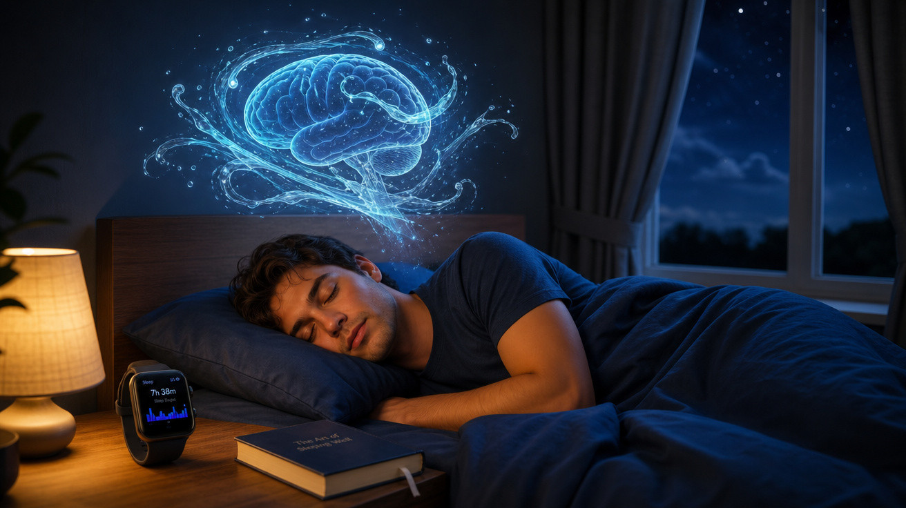 Homem a dormir num quarto escuro com gráfico de sono no relógio e cérebro holográfico a flutuar na cabeça.