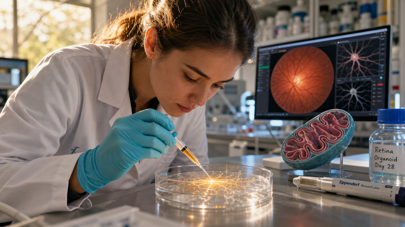 Cientista mulher em laboratório a trabalhar com placa de petri, perto de monitor com imagens de retina e modelo de mitocôndri