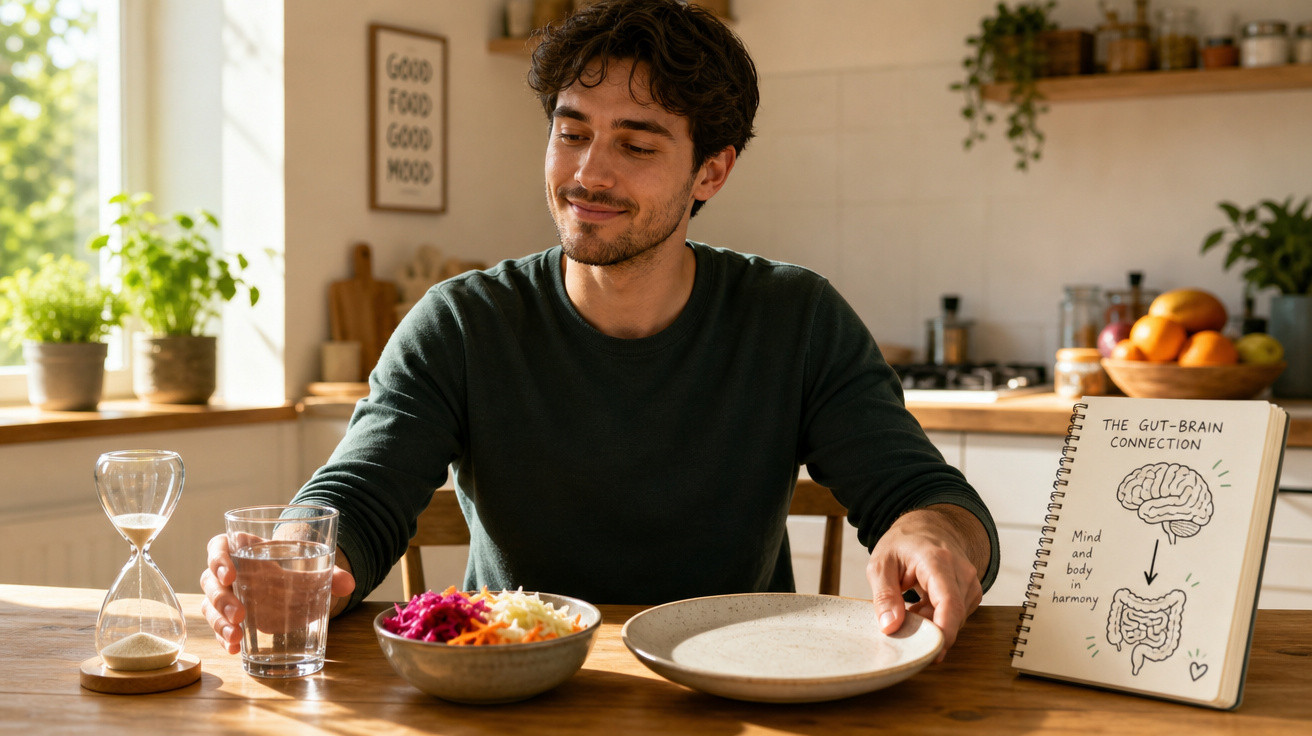Homem sentado à mesa com salada, copo de água e um caderno com desenho da conexão cérebro-intestino.
