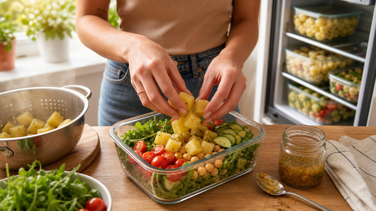 Pessoa a preparar salada com legumes, grão-de-bico e batatas temperadas numa cozinha iluminada.