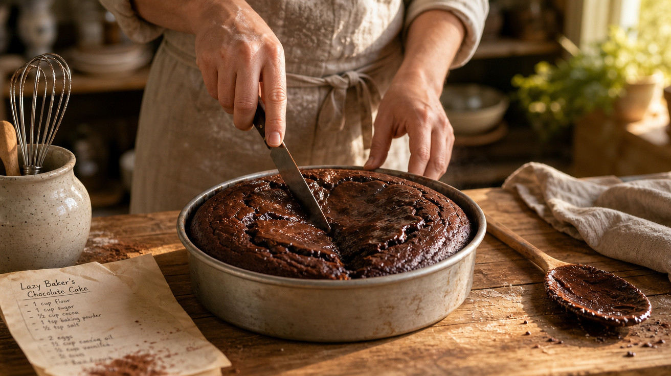 Pessoa a cortar um bolo de chocolate húmido numa forma redonda, com utensílios de cozinha ao redor.