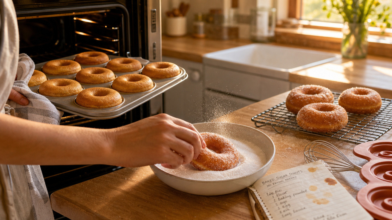 Pessoa a polvilhar donuts com açúcar numa cozinha acolhedora com janela e bancada de madeira.