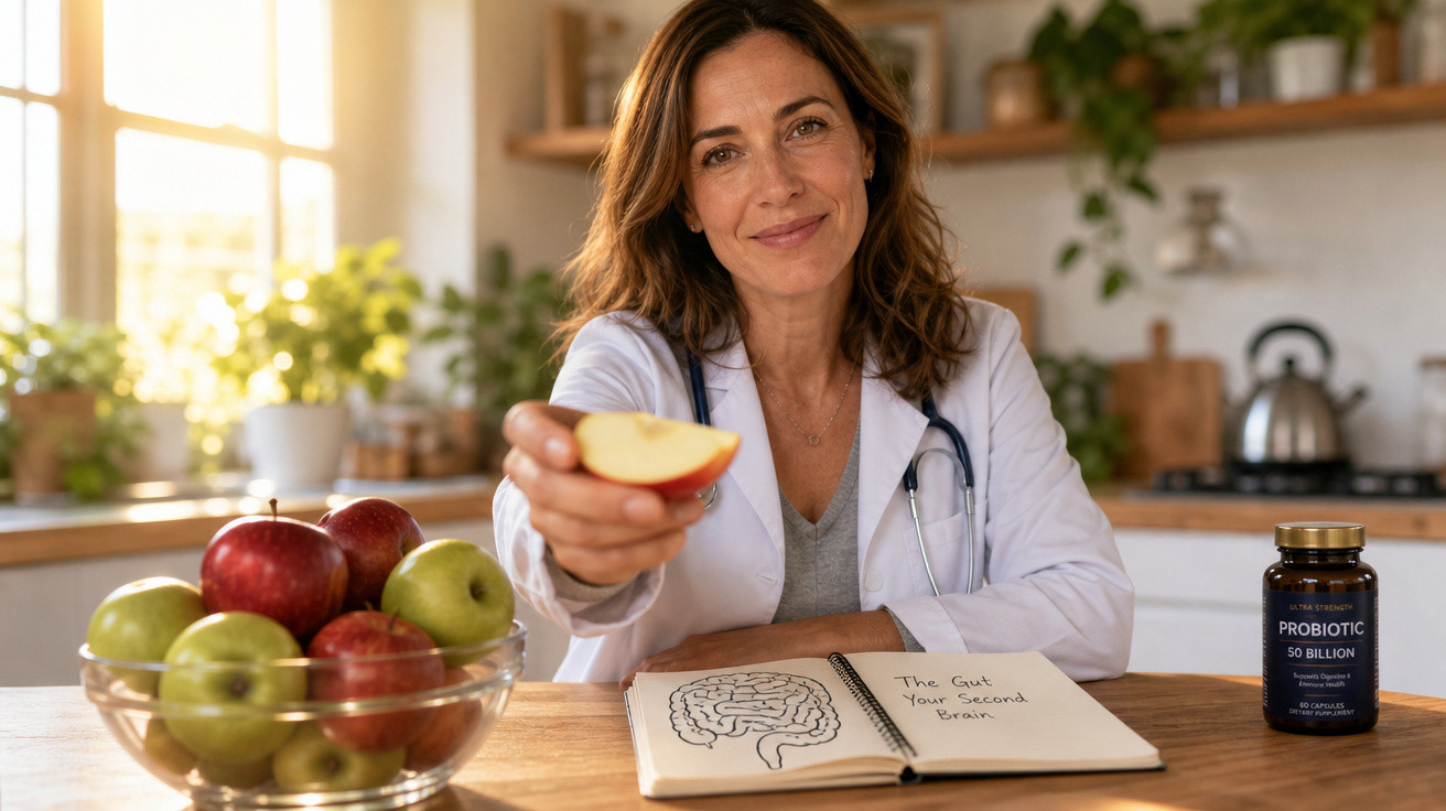 Mulher médica com bata branca oferece fatia de maçã, com livro de desenhos intestinais e suplemento probiótico na mesa.