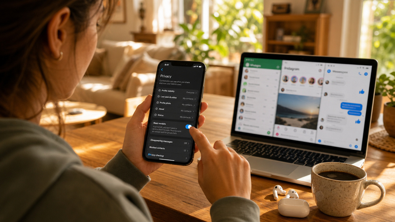 Pessoa a usar smartphone com definições de privacidade abertas, computador portátil, auriculares e uma chávena de café numa m