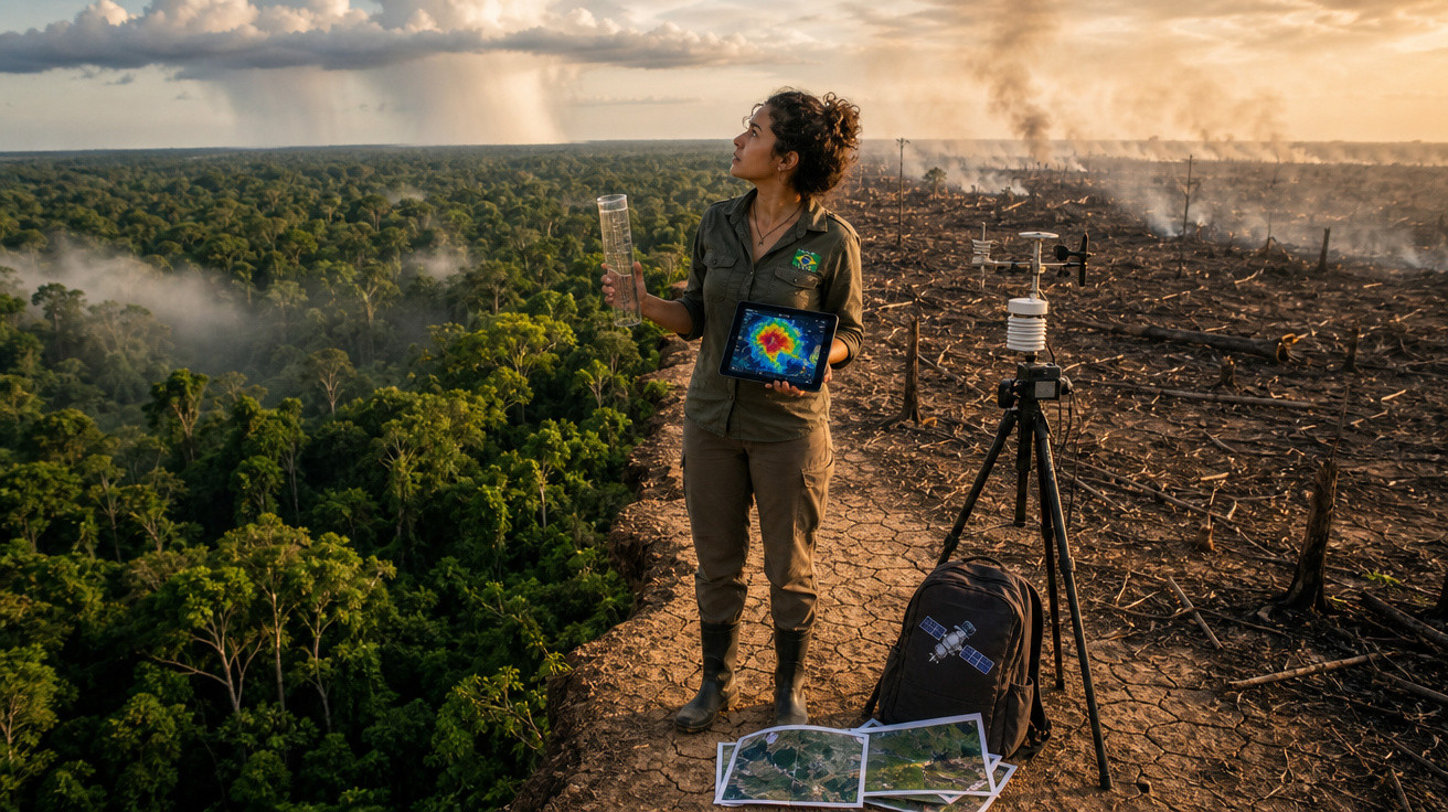 Investigadora observa desmatamento na floresta, segurando aparelho com dados ambientais e amostra de terra.