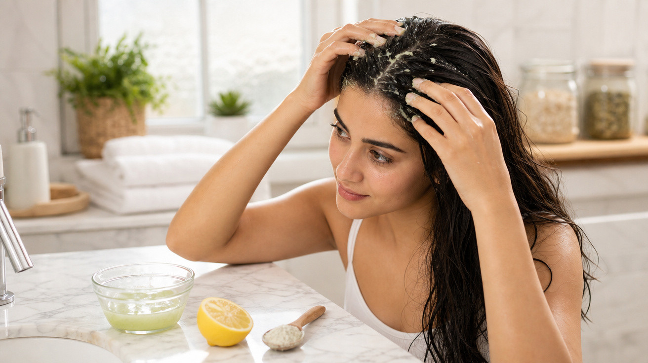 Mulher aplica máscara capilar natural no cabelo, sentada numa casa de banho luminosa.