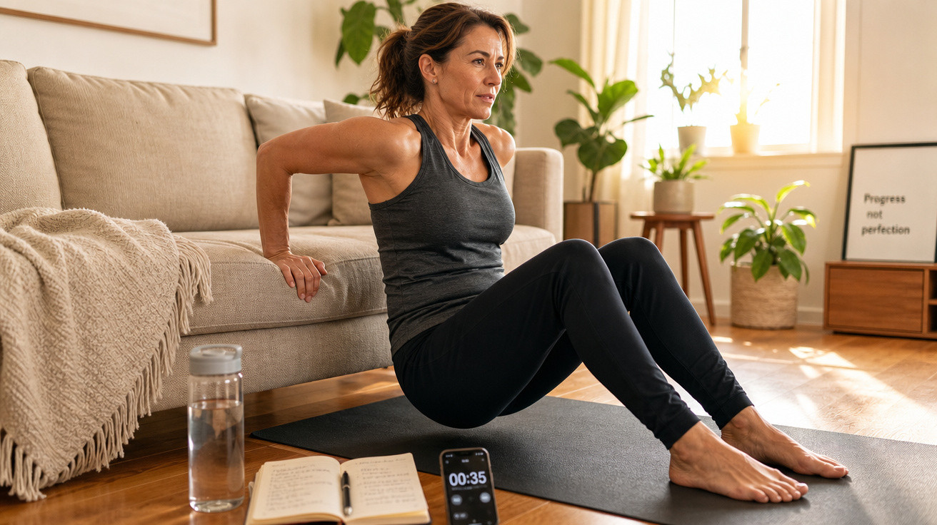 Mulher a fazer exercício físico apoiada num sofá numa sala com plantas, garrafa de água e caderno aberto no chão.