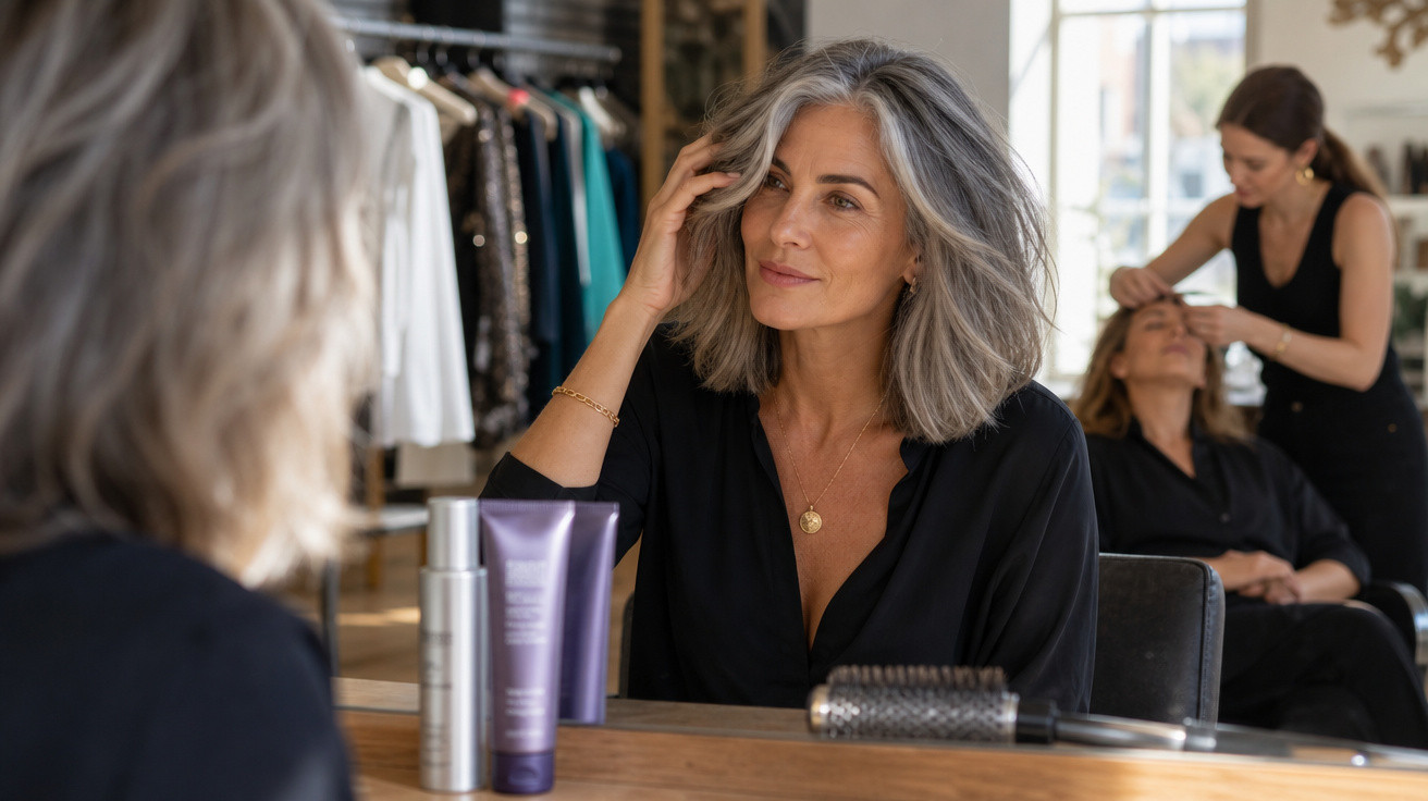 Mulher de cabelo cinza médio penteia-se em frente ao espelho num salão de beleza moderno.