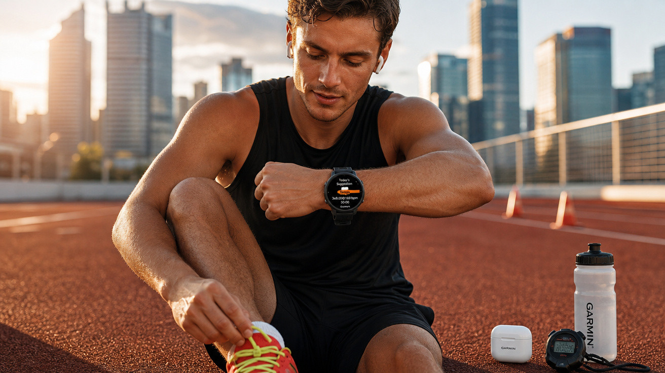 Homem sentado numa pista de atletismo a amarrar o ténis, com relógio desportivo e garrafa de água Garmin.