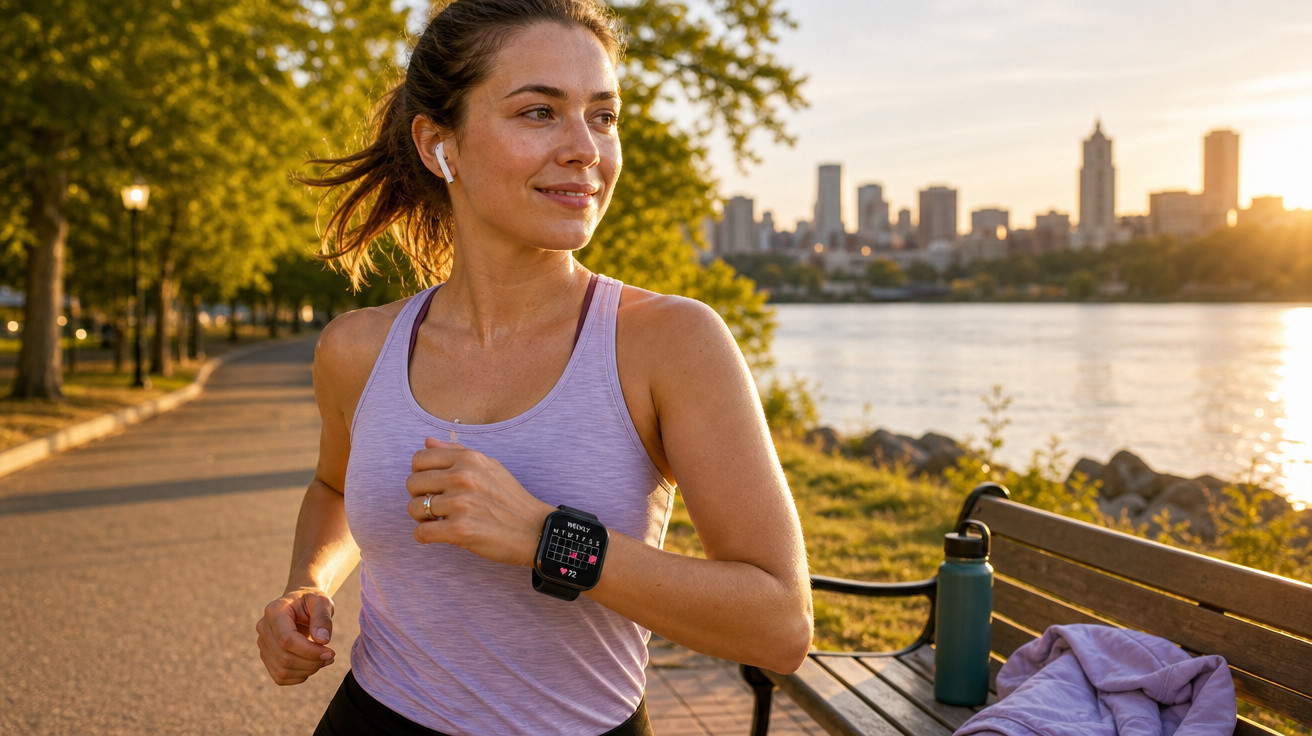 Mulher a correr num parque ao pôr do sol com smartwatch e auriculares, cenário urbano ao fundo.