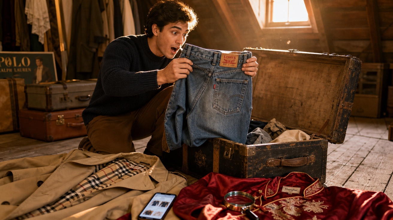 Homem surpreendido a olhar para um par de jeans que segura, rodeado de roupa e uma mala aberta no sótão iluminado.
