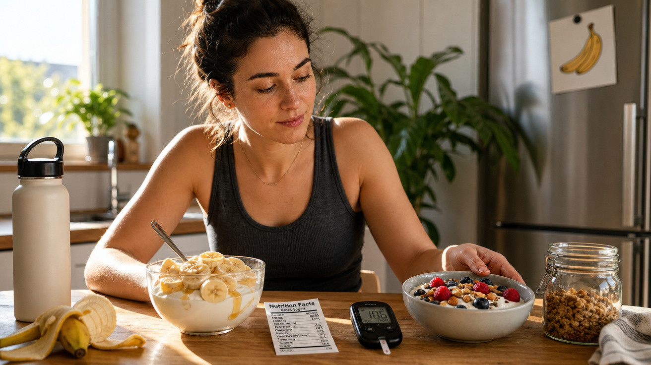 Mulher sentada à mesa com tigelas de iogurte, frutas, granola e monitor de glicose ao lado.