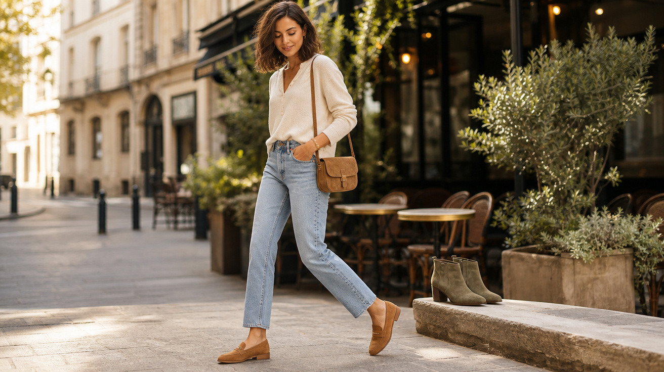 Mulher sorridente a caminhar na cidade com jeans, camisola clara, mala castanha e sapatos castanhos.