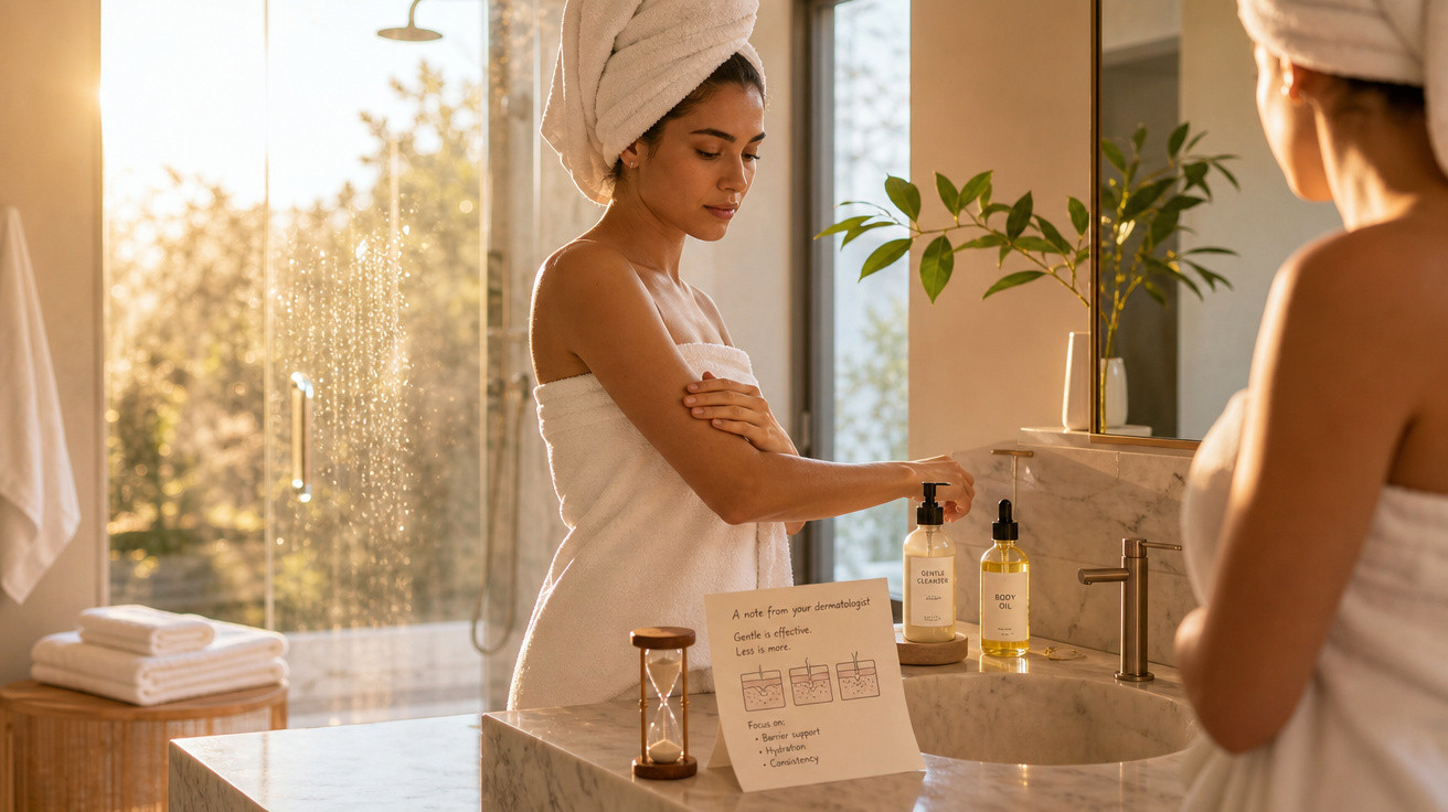 Mulher com toalha no cabelo e corpo a aplicar creme num lavatório iluminado pela luz natural.